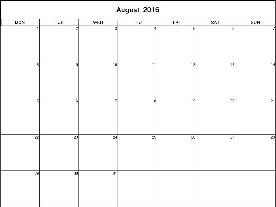 printable blank calendar image for August 2016