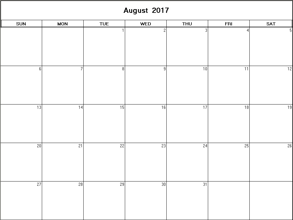 printable blank calendar image for August 2017