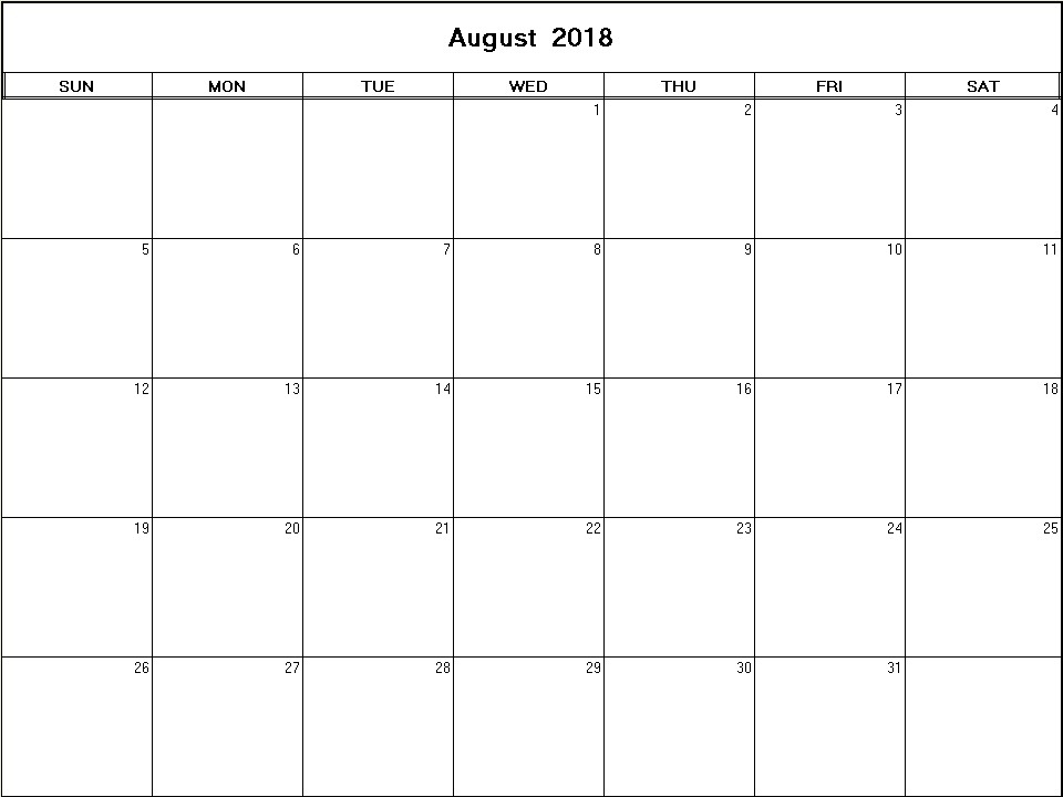 printable blank calendar image for August 2018