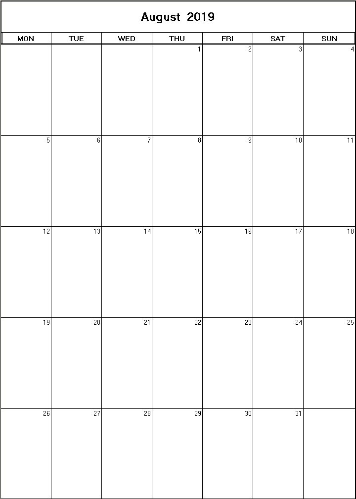 printable blank calendar image for August 2019