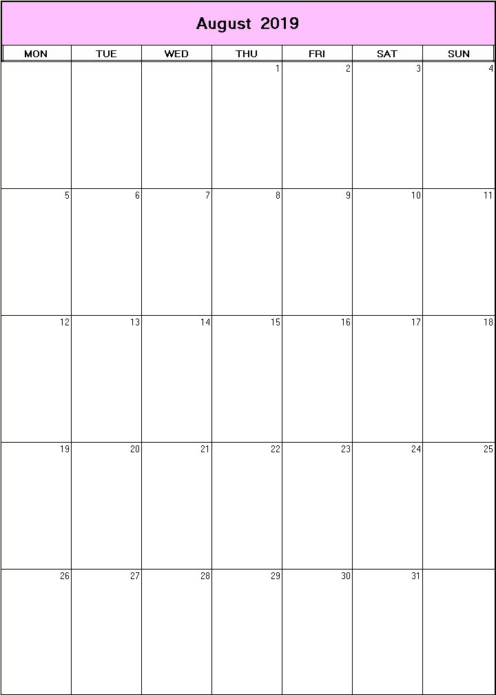 printable blank calendar image for August 2019