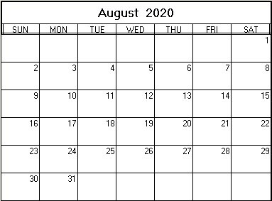 printable blank calendar image for August 2020