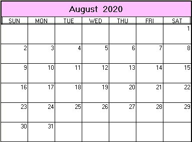 printable blank calendar image for August 2020