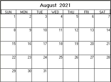 printable blank calendar image for August 2021