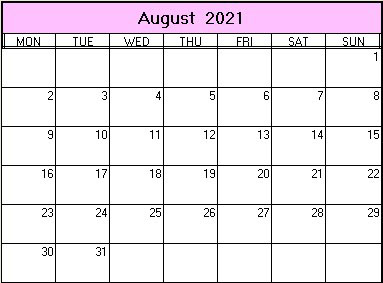 printable blank calendar image for August 2021