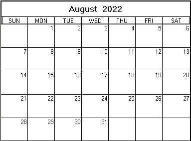 printable blank calendar image for August 2022