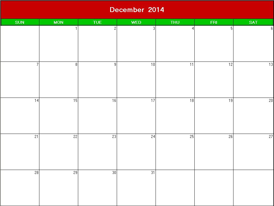 christmas 2014 printable blank calendar
