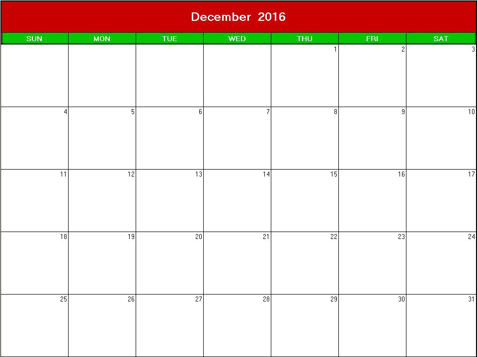 printable blank calendar image for christmas 2016