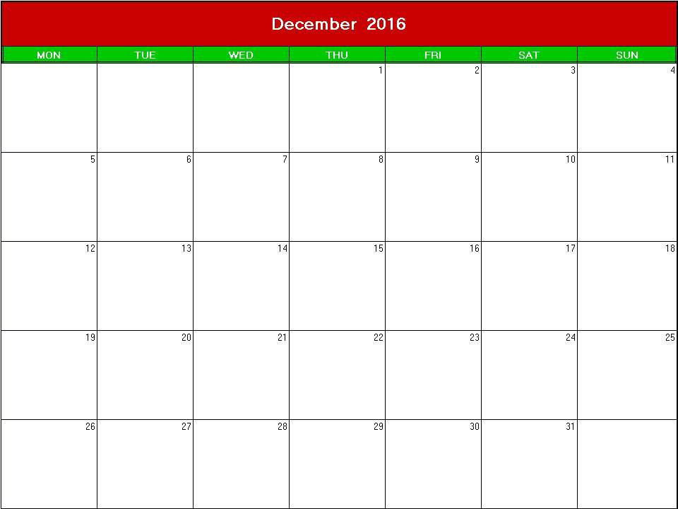 printable blank calendar image for christmas 2016