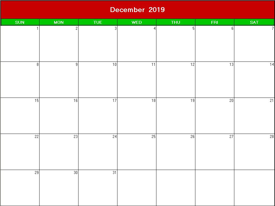 printable blank calendar image for christmas 2019