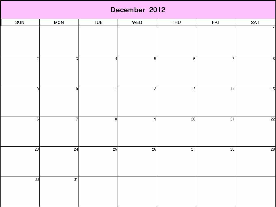 printable blank calendar image for December 2012