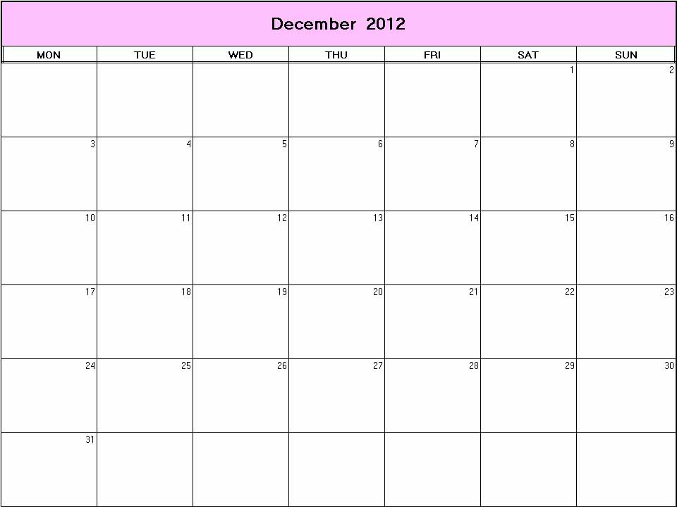 printable blank calendar image for December 2012