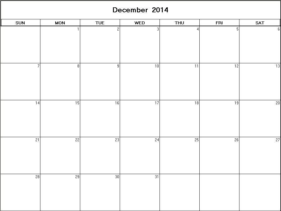 printable blank calendar image for December 2014