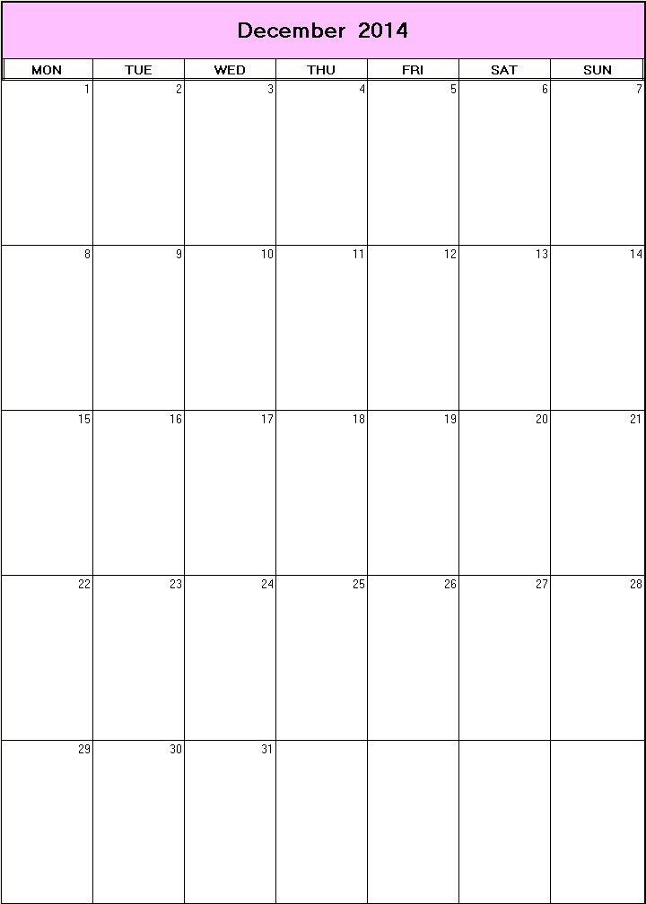 printable blank calendar image for December 2014