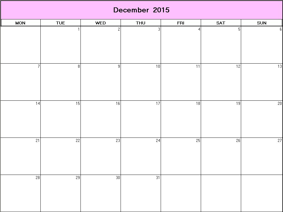 printable blank calendar image for December 2015