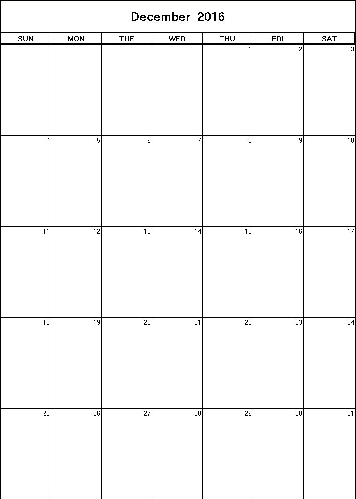 printable blank calendar image for December 2016