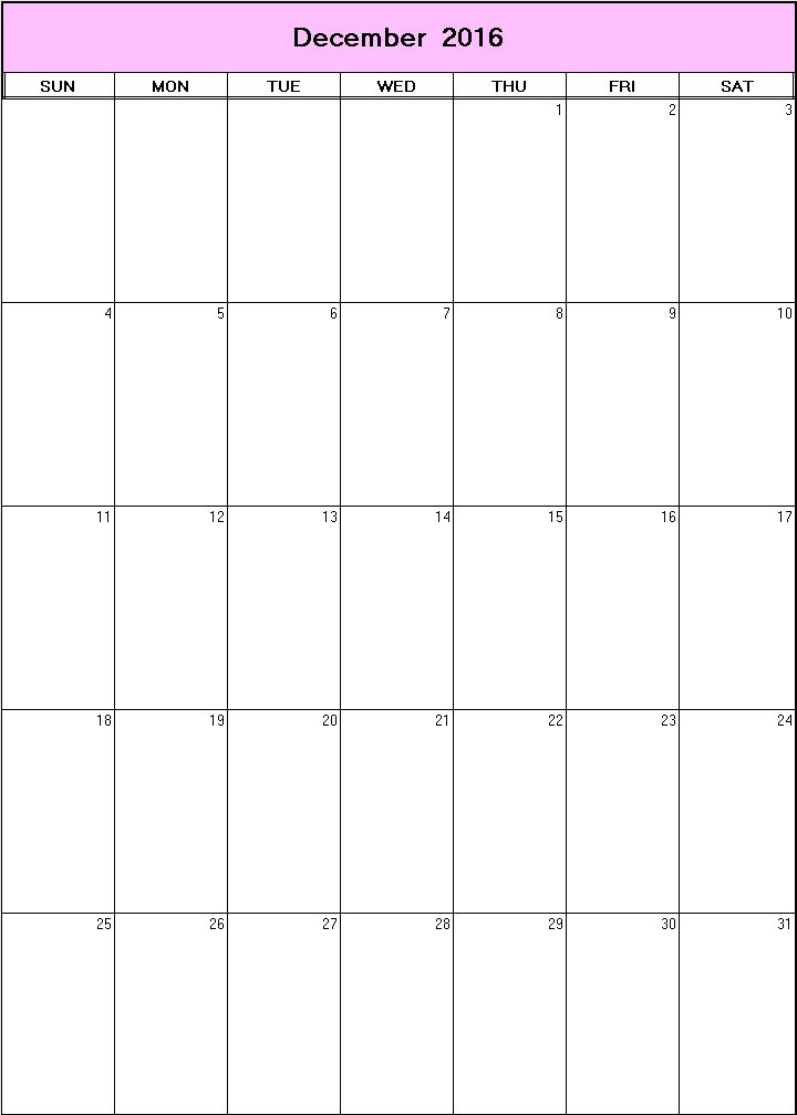 printable blank calendar image for December 2016