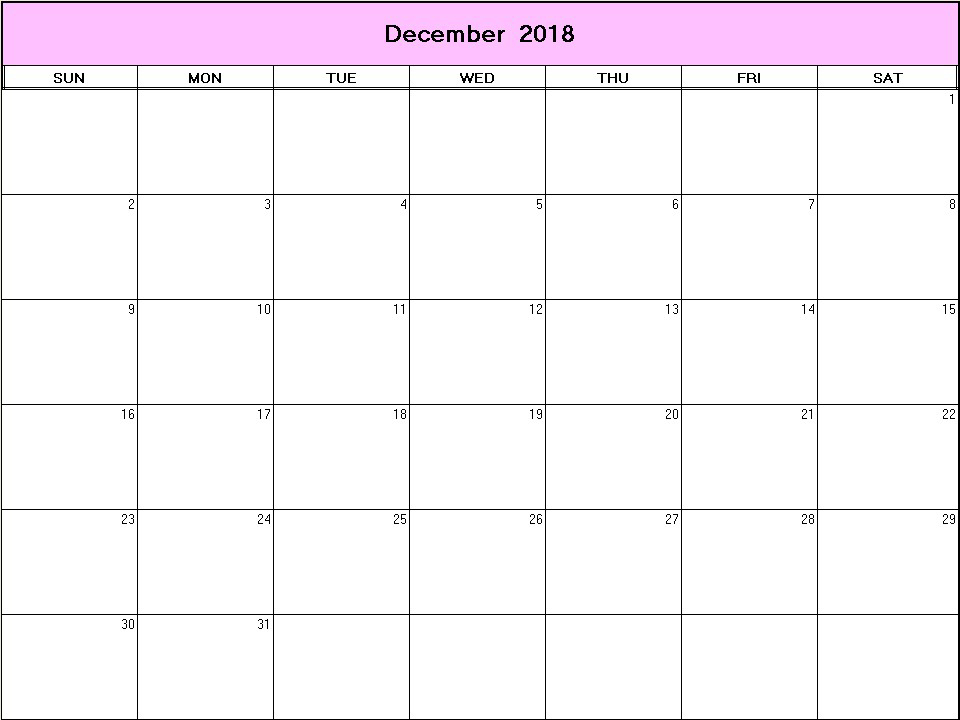 printable blank calendar image for December 2018