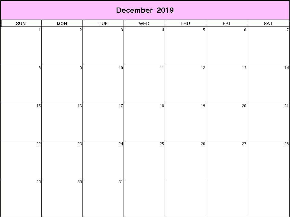 printable blank calendar image for December 2019