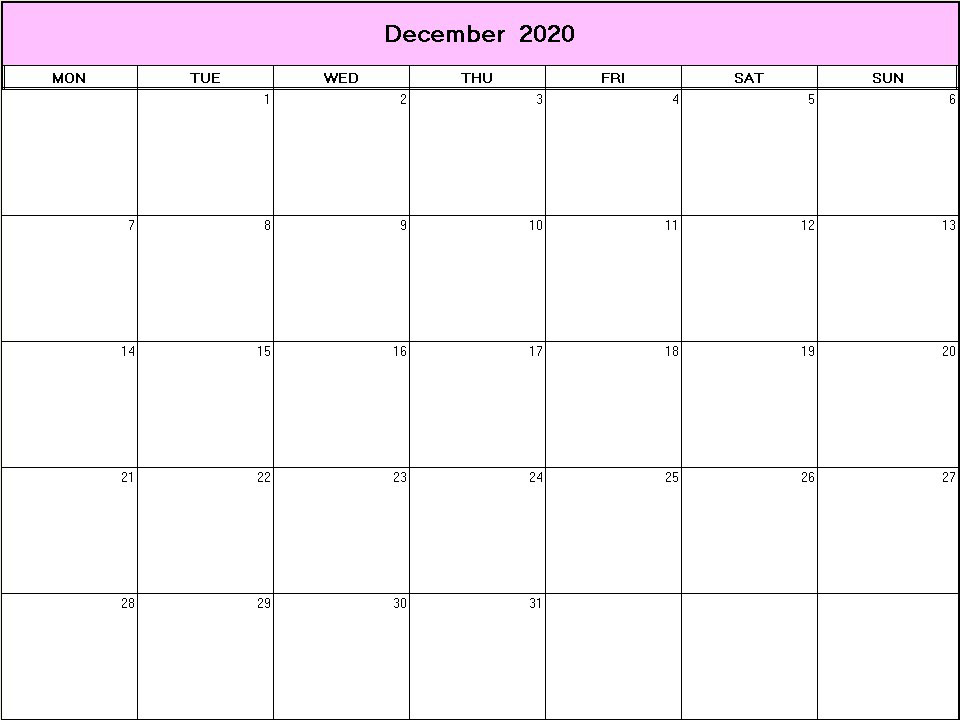 printable blank calendar image for December 2020