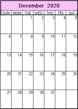 printable blank calendar image for December 2020