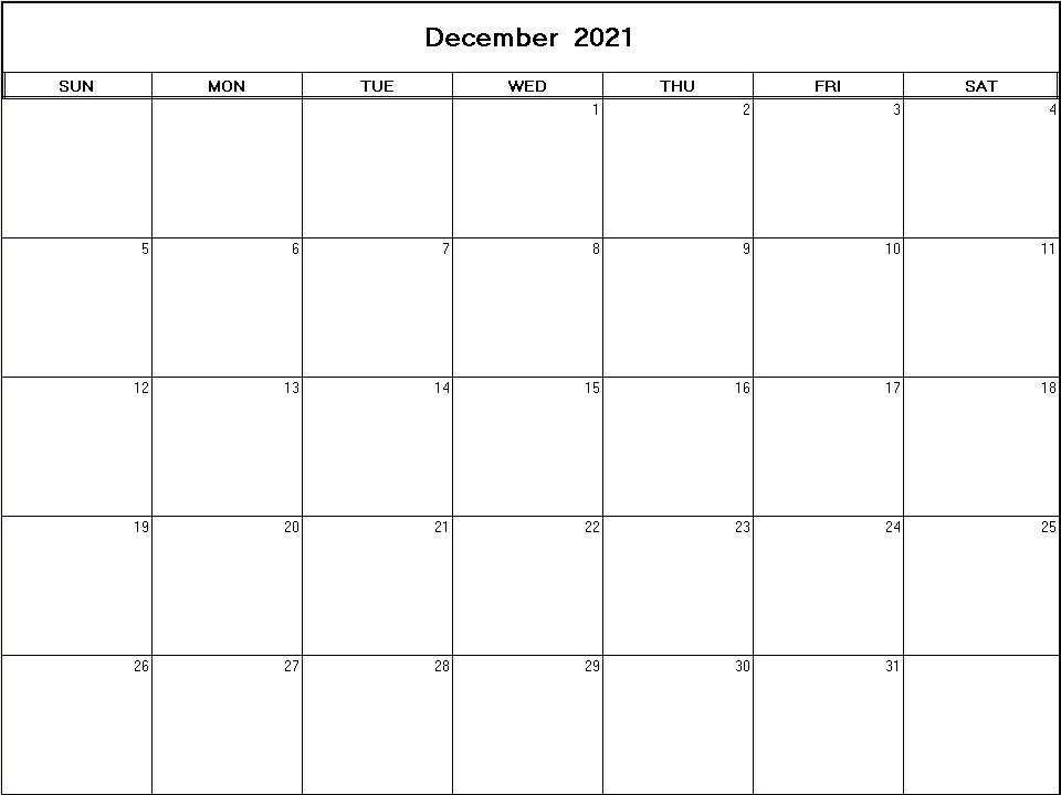 printable blank calendar image for December 2021