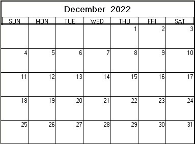 printable blank calendar image for December 2022