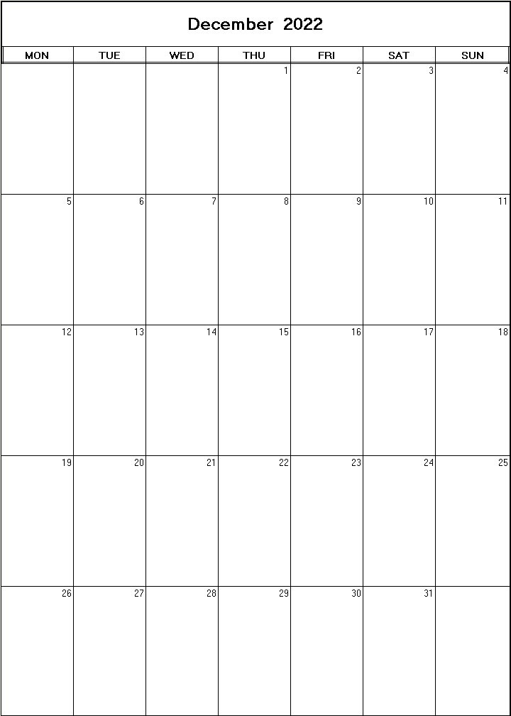 printable blank calendar image for December 2022
