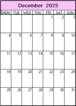printable blank calendar image for December 2023