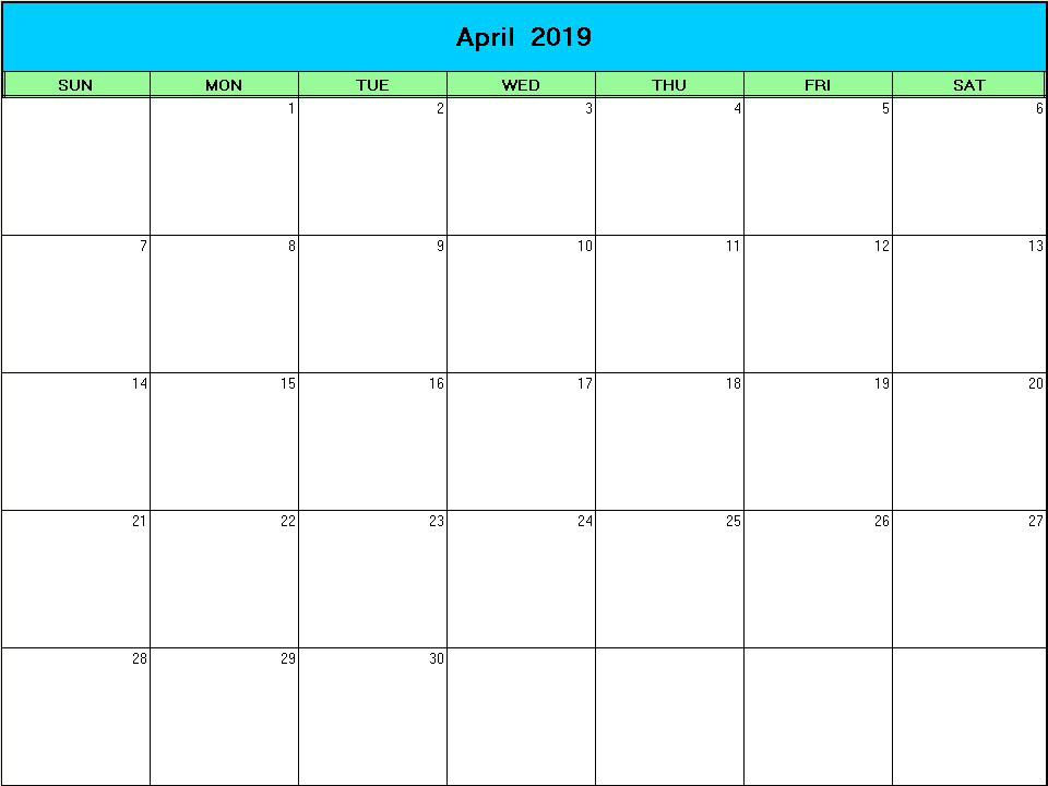 printable blank calendar image for Easter 2019
