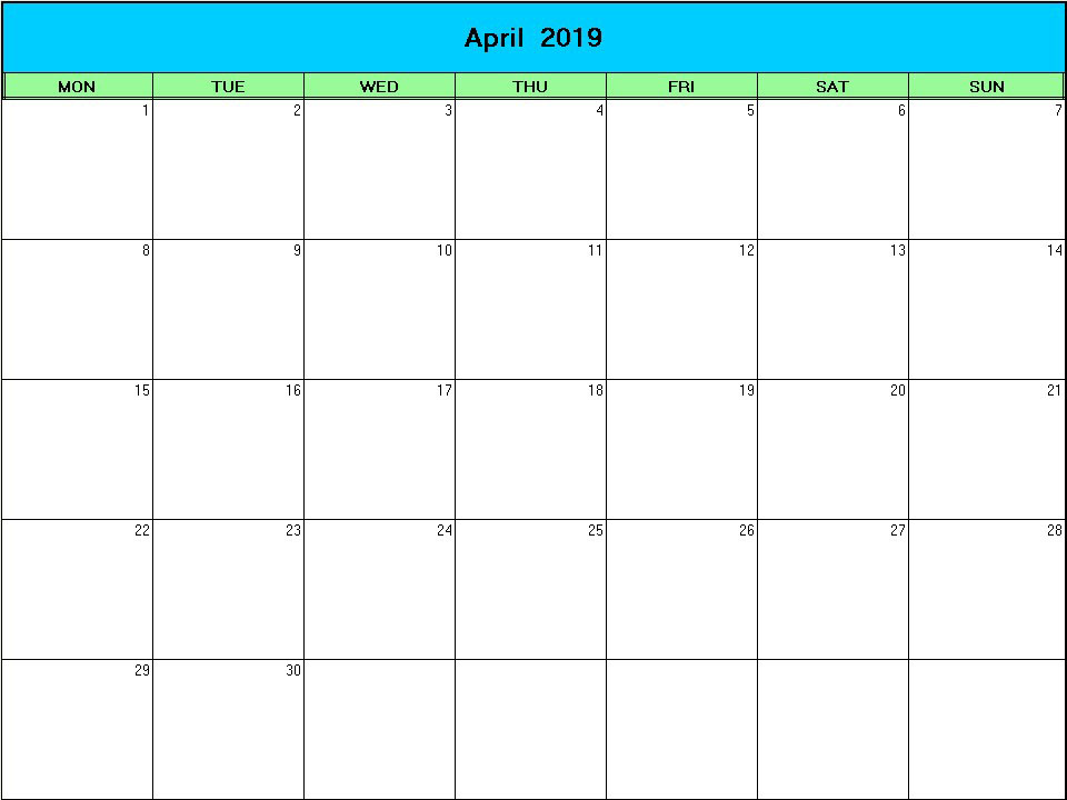 printable blank calendar image for Easter 2019