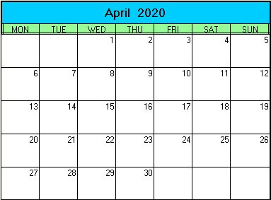printable blank calendar image for Easter 2020