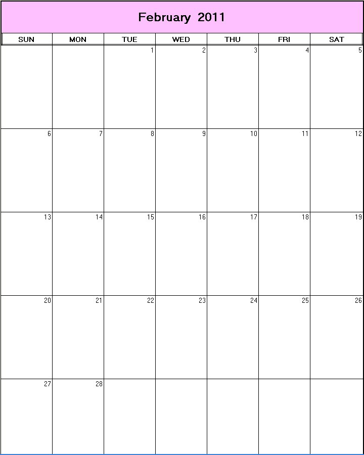 printable blank calendar image for February 2011