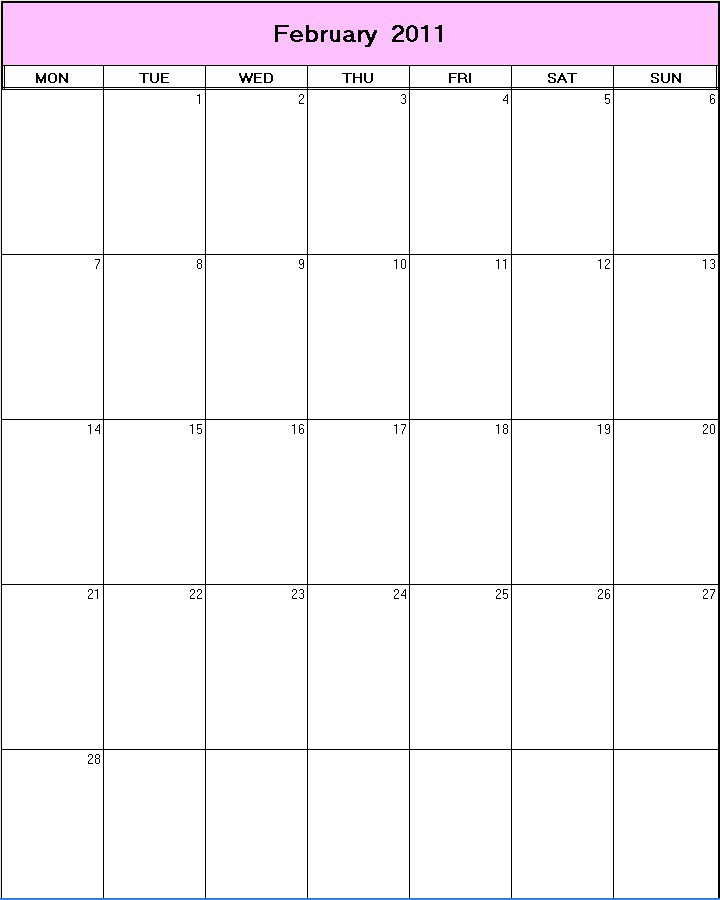 blank calendar template february 2011. printable lank calendar image