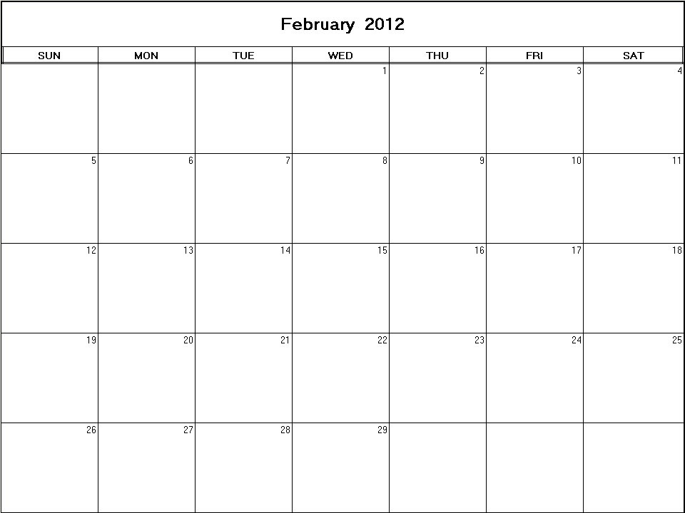 printable blank calendar image for February 2012