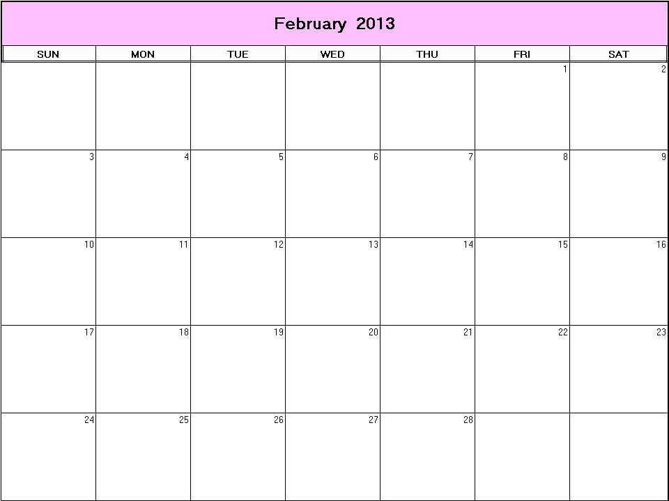 printable blank calendar image for February 2013