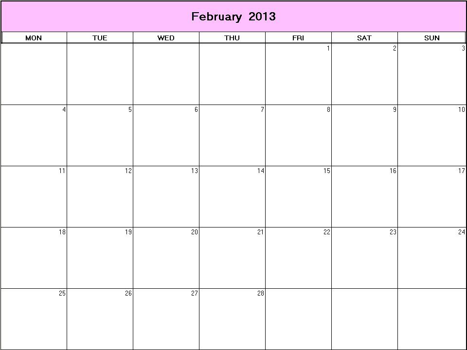 printable blank calendar image for February 2013