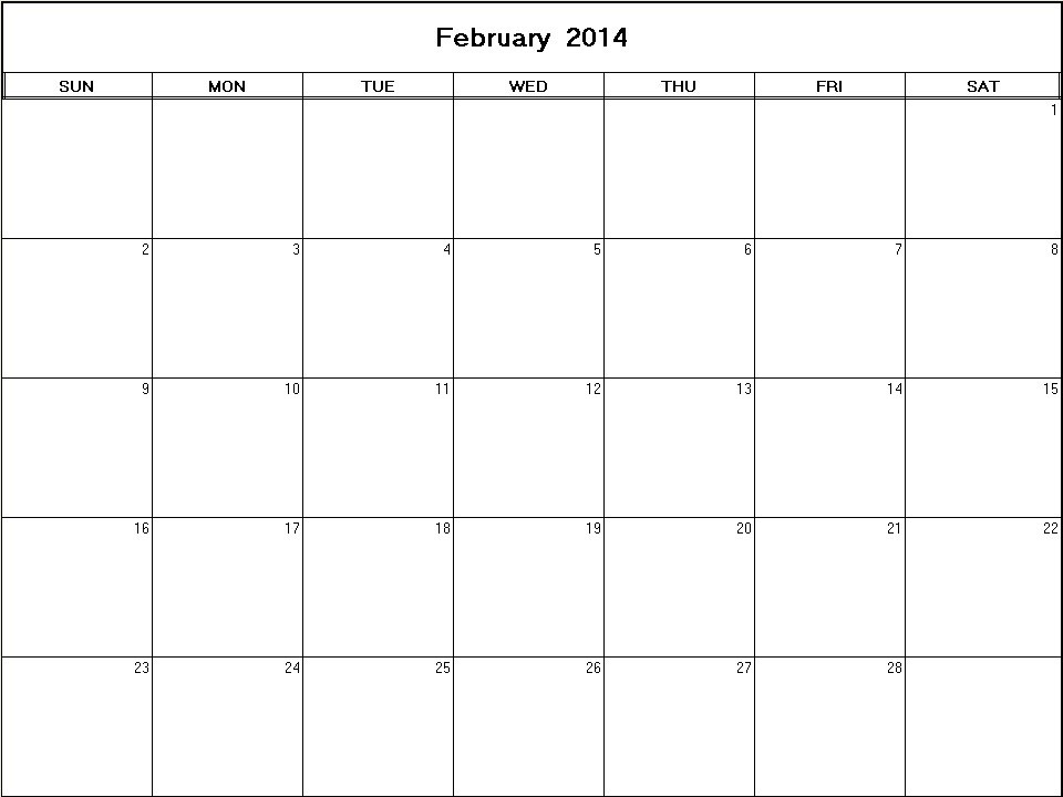 printable blank calendar image for February 2014