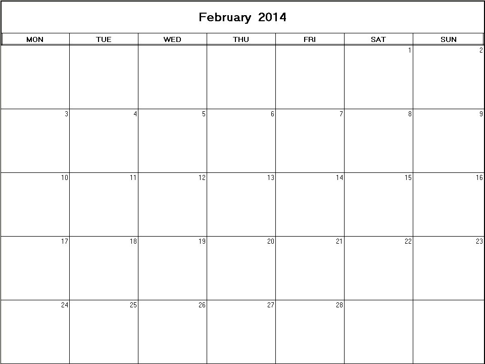 printable blank calendar image for February 2014