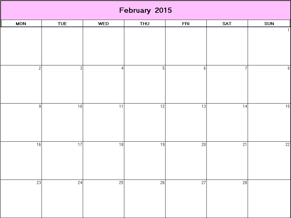 printable blank calendar image for February 2015