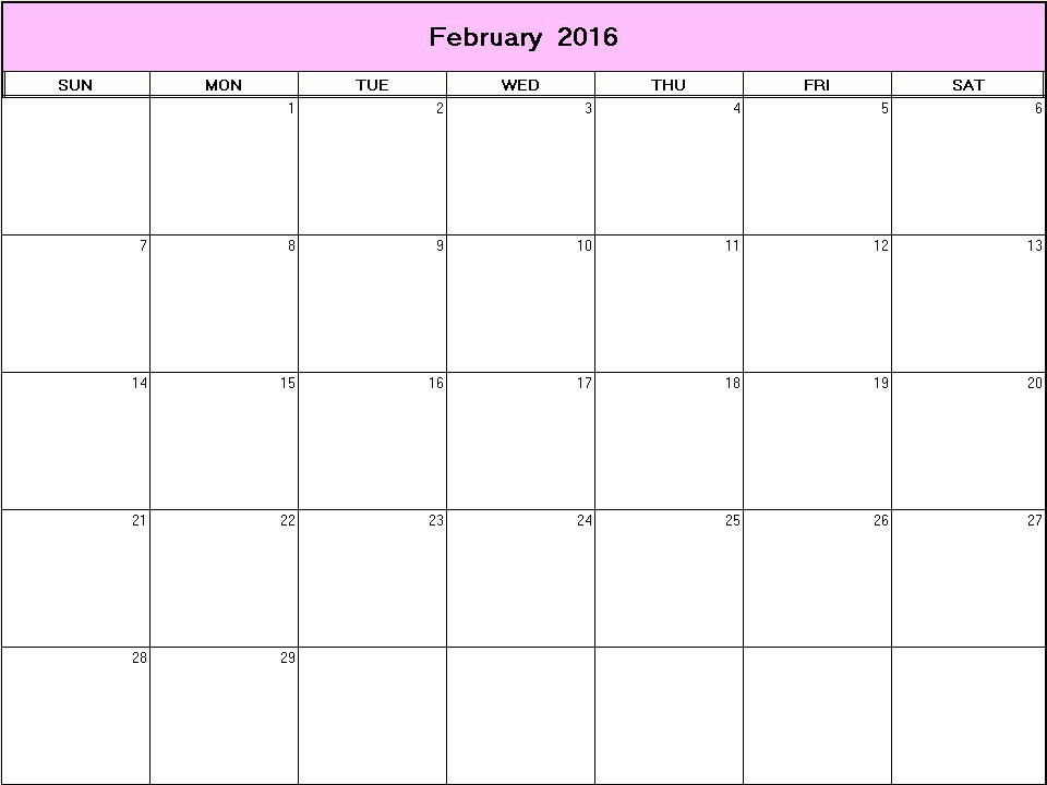 printable blank calendar image for February 2016