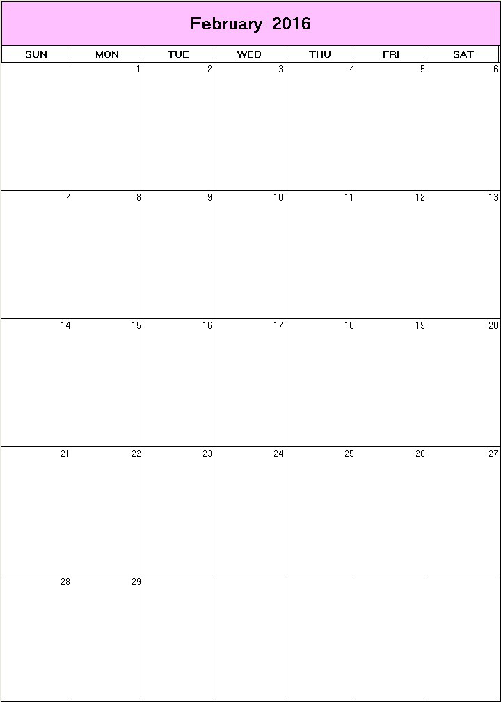 printable blank calendar image for February 2016