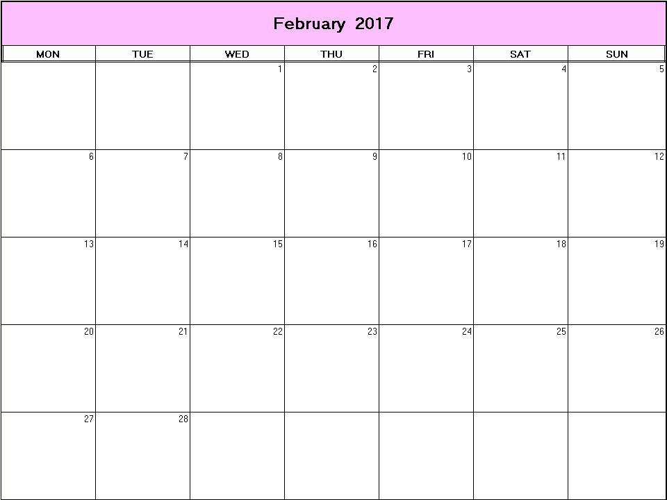 printable blank calendar image for February 2017