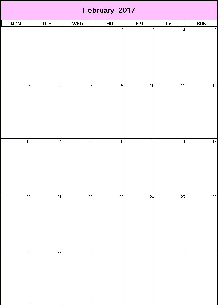 printable blank calendar image for February 2017