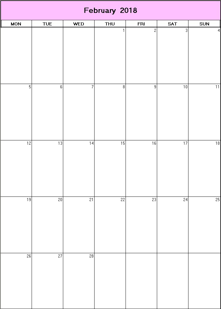 printable blank calendar image for February 2018