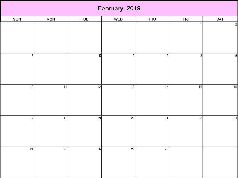 printable blank calendar image for February 2019