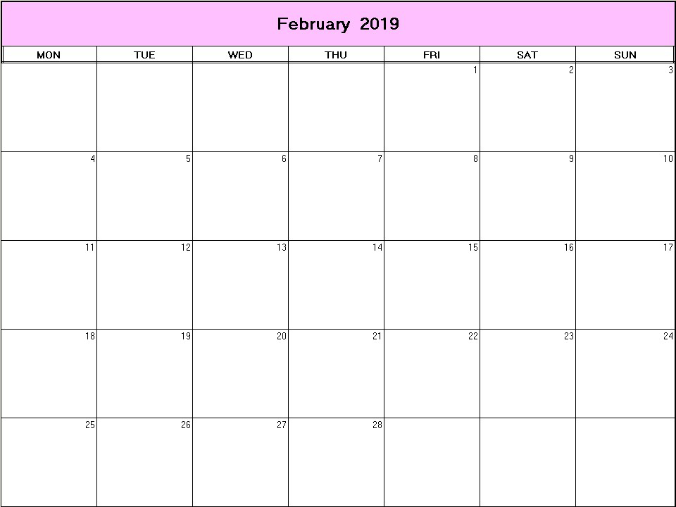 printable blank calendar image for February 2019