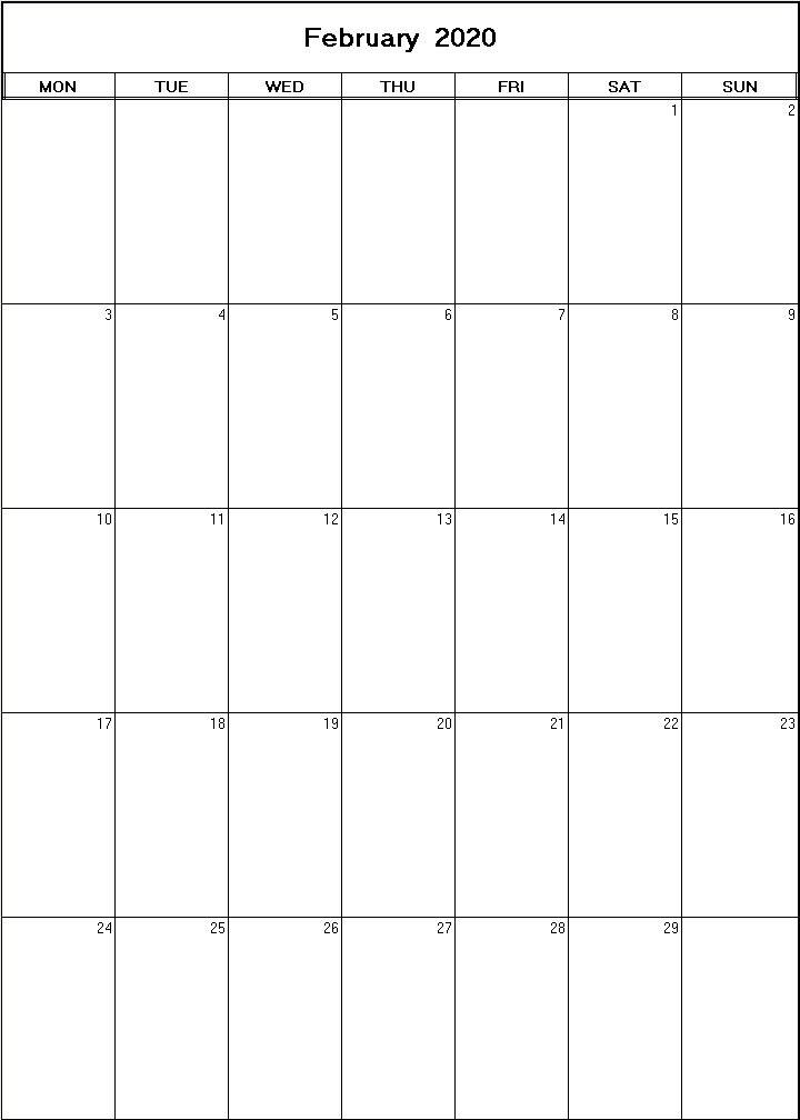 printable blank calendar image for February 2020