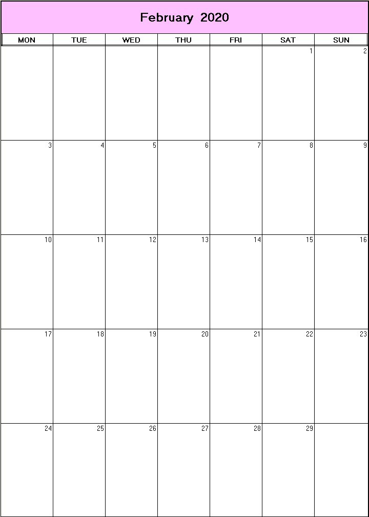 printable blank calendar image for February 2020