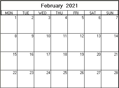 printable blank calendar image for February 2021